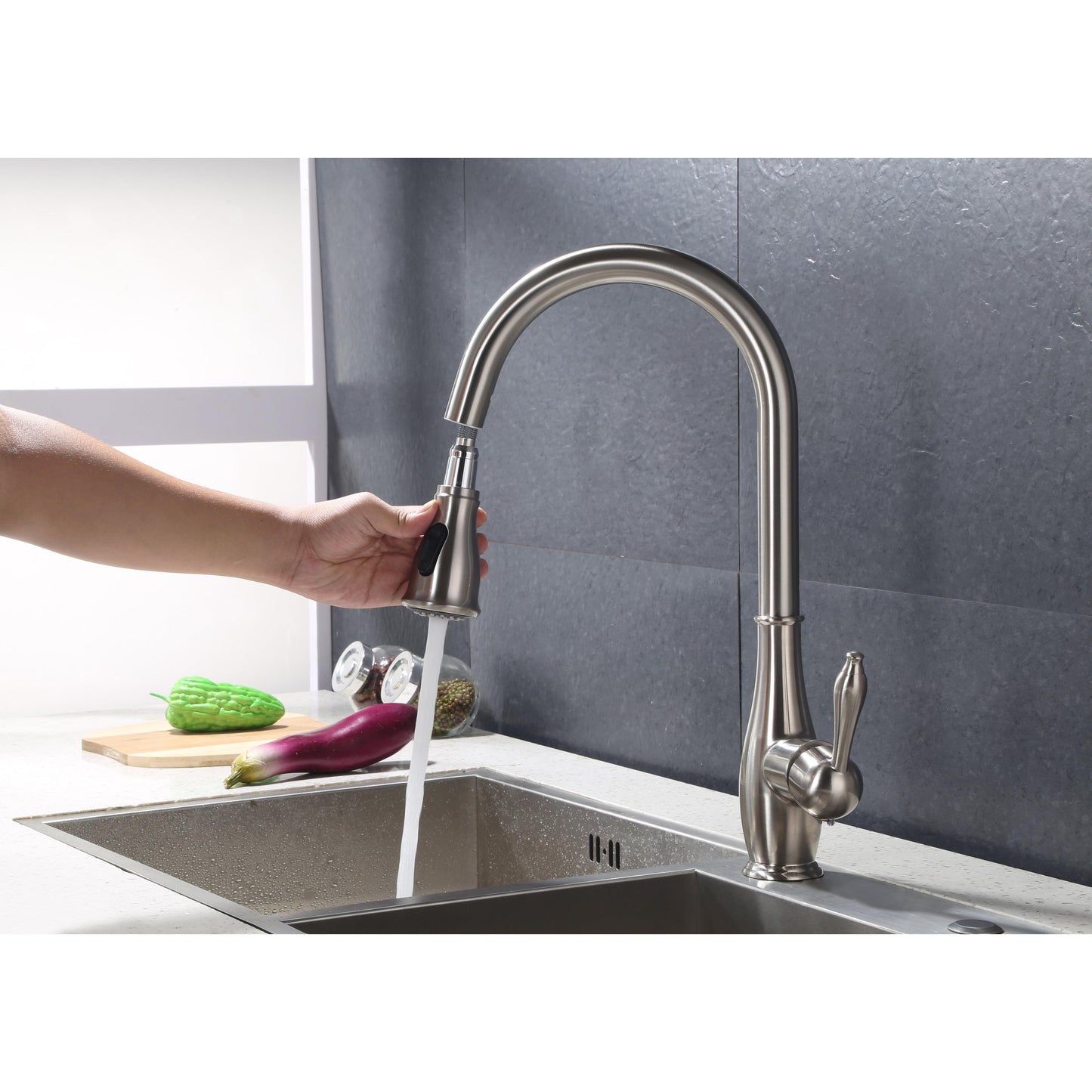 Vanity Art 17" Brushed Nickel Stainless Steel Single Handle Kitchen Sink Faucet With Pull Down Sprayer