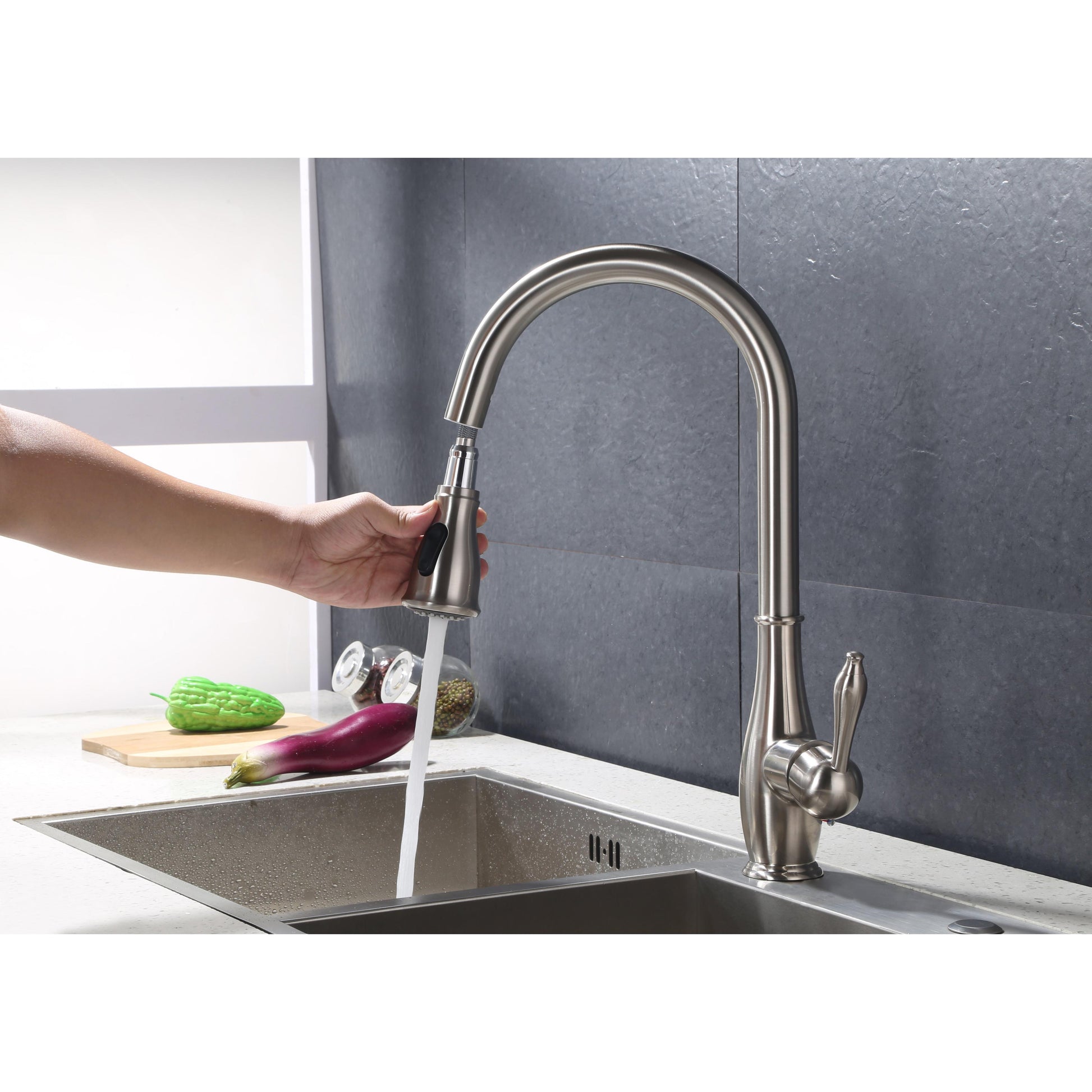 Vanity Art 17" Brushed Nickel Stainless Steel Single Handle Kitchen Sink Faucet With Pull Down Sprayer