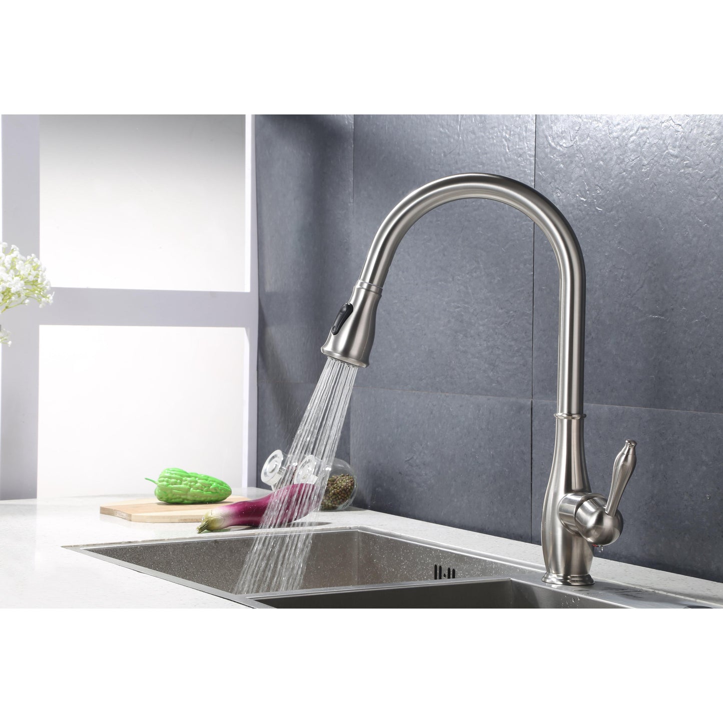 Vanity Art 17" Brushed Nickel Stainless Steel Single Handle Kitchen Sink Faucet With Pull Down Sprayer