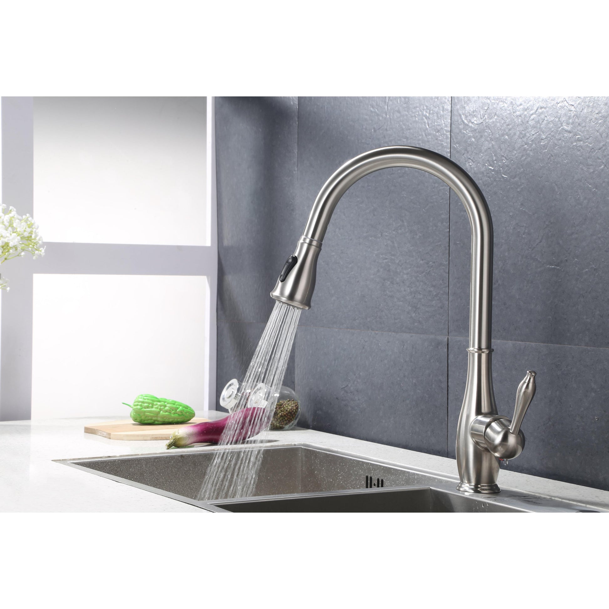 Vanity Art 17" Brushed Nickel Stainless Steel Single Handle Kitchen Sink Faucet With Pull Down Sprayer