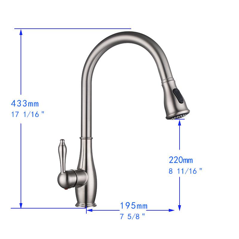 Vanity Art 17" Brushed Nickel Stainless Steel Single Handle Kitchen Sink Faucet With Pull Down Sprayer