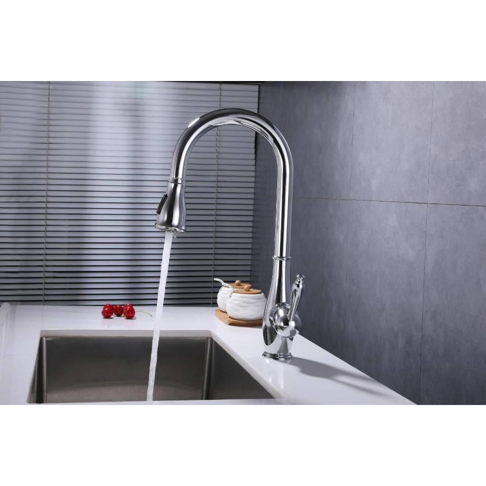 Vanity Art 17" Polished Chrome Stainless Steel Single Handle Kitchen Sink Faucet With Pull Down Sprayer