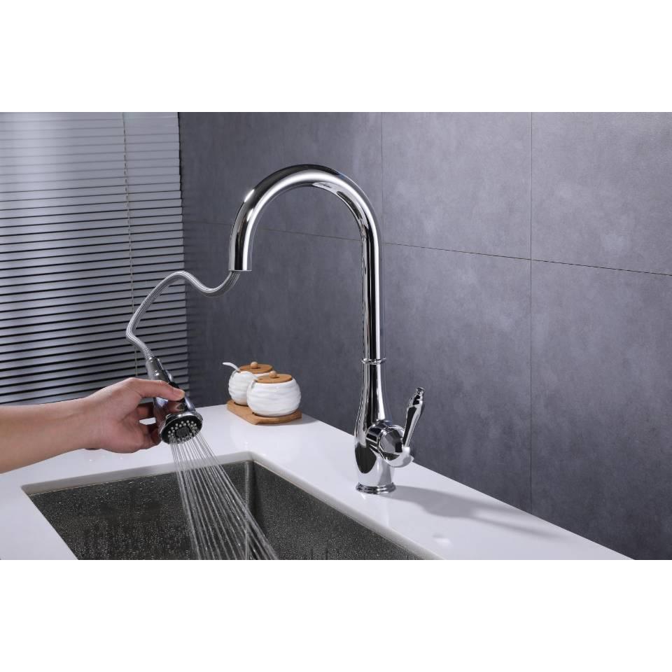Vanity Art 17" Polished Chrome Stainless Steel Single Handle Kitchen Sink Faucet With Pull Down Sprayer