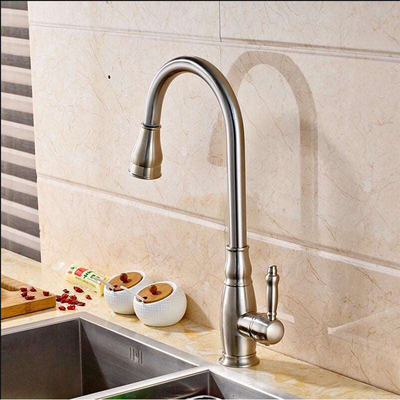 Vanity Art 7" W x 17" H Brushed Nickel Stainless Steel Single Lever 3-Way Spray Setting Kitchen Sink Faucet With Pull Down Sprayer