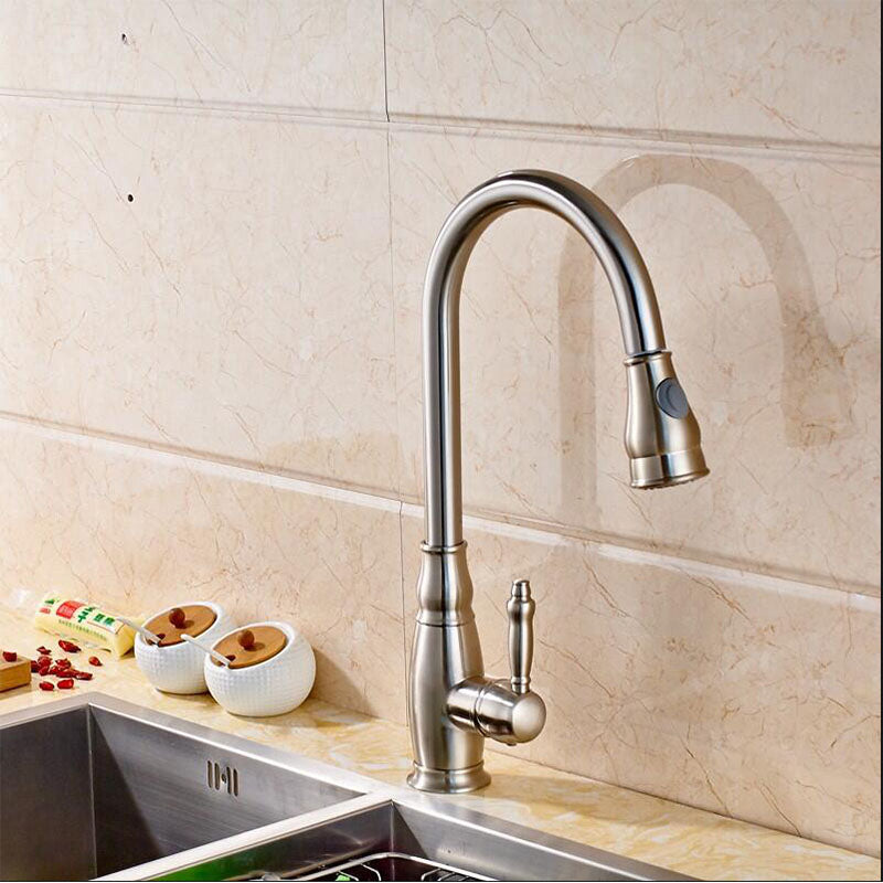 Vanity Art 7" W x 17" H Brushed Nickel Stainless Steel Single Lever 3-Way Spray Setting Kitchen Sink Faucet With Pull Down Sprayer