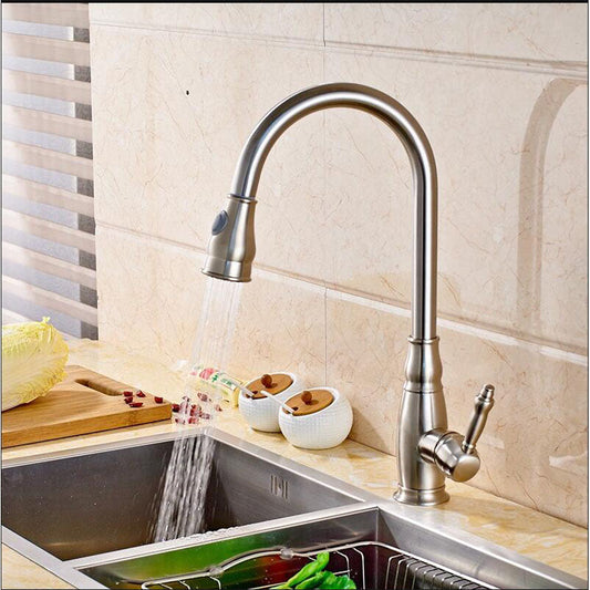 Vanity Art 7" W x 17" H Brushed Nickel Stainless Steel Single Lever 3-Way Spray Setting Kitchen Sink Faucet With Pull Down Sprayer