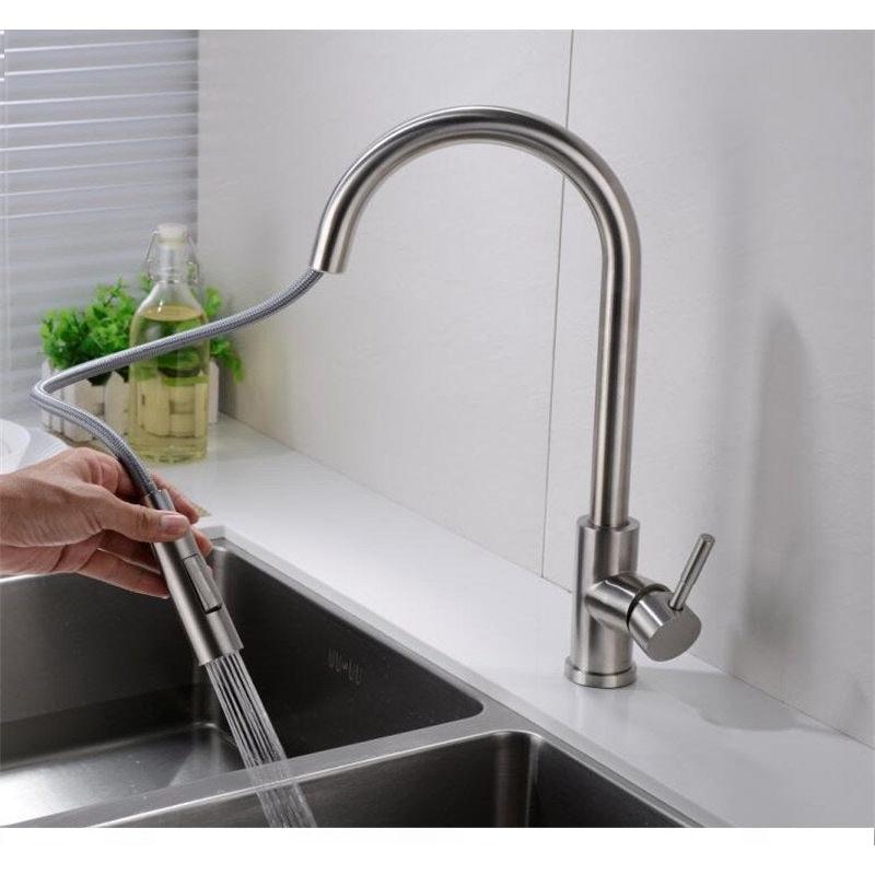 Vanity Art 8" W x 17" H Brushed Nickel Stainless Steel Single Lever Handle Kitchen Sink Faucet With Pull Down Sprayer