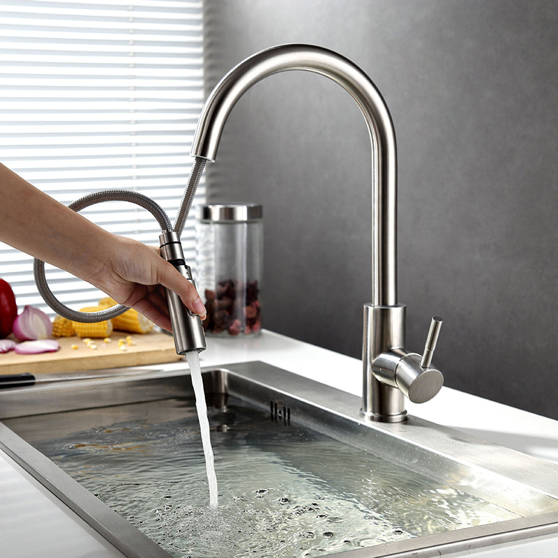 Vanity Art 8" W x 17" H Brushed Nickel Stainless Steel Single Lever Handle Kitchen Sink Faucet With Pull Down Sprayer