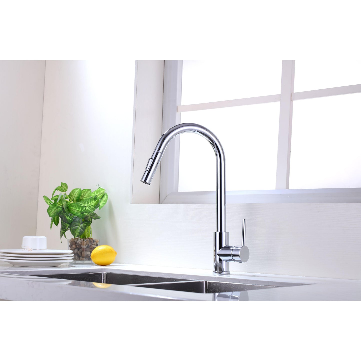 Vanity Art 8" W x 17" H Polished Chrome Stainless Steel Single Lever Handle Kitchen Sink Faucet With Pull Down Sprayer