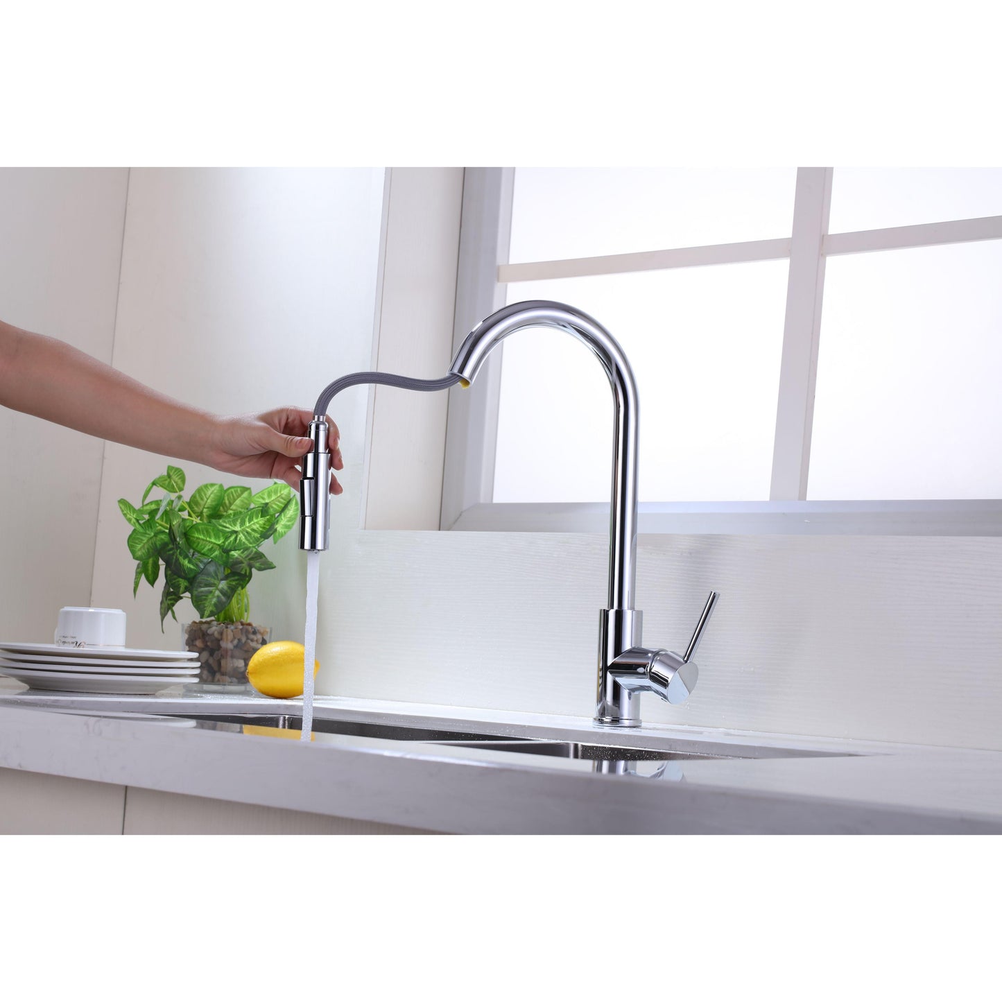 Vanity Art 8" W x 17" H Polished Chrome Stainless Steel Single Lever Handle Kitchen Sink Faucet With Pull Down Sprayer