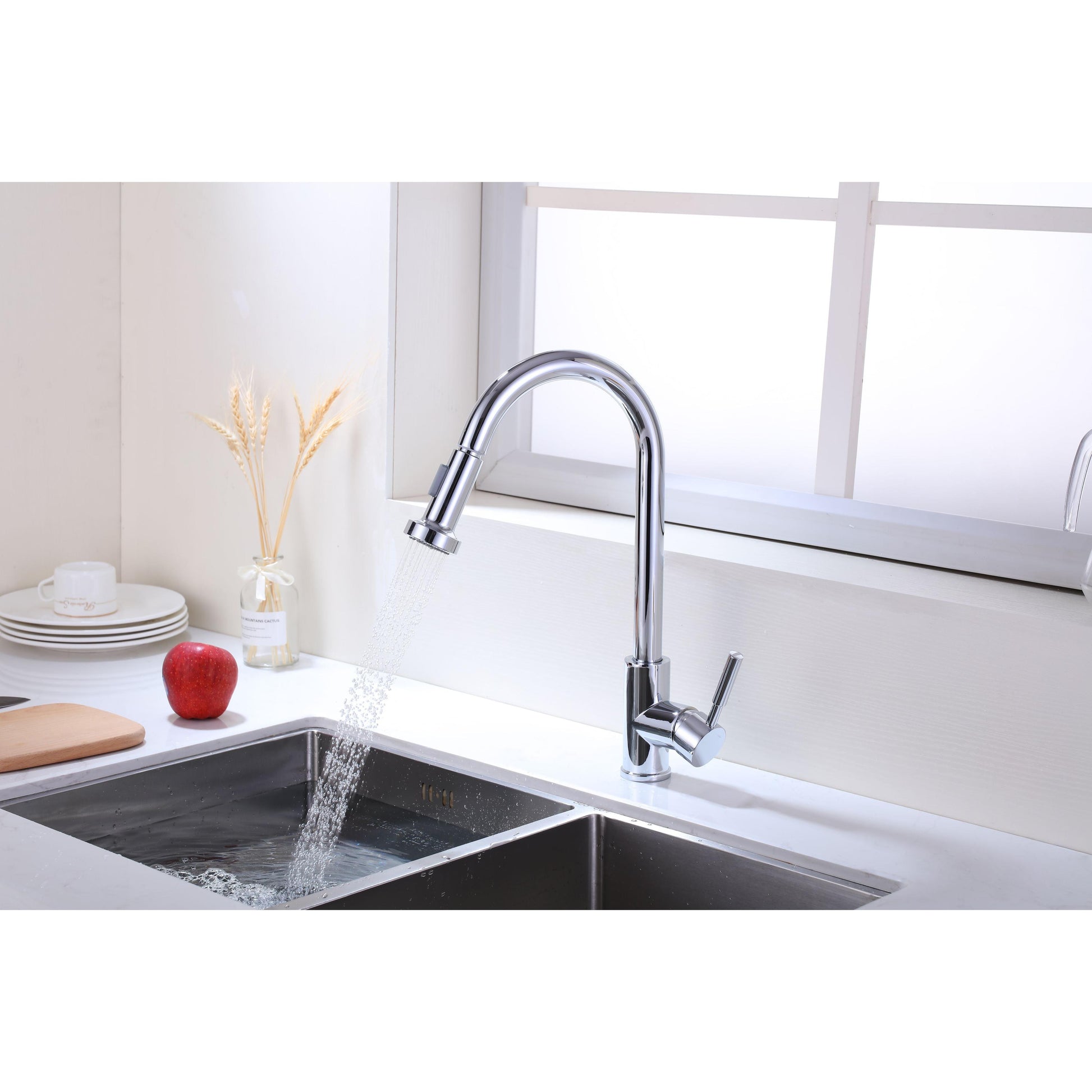 Vanity Art 8" W x 17" H Polished Chrome Stainless Steel Single Lever High Arc Kitchen Sink Faucet With Pull Down Sprayer
