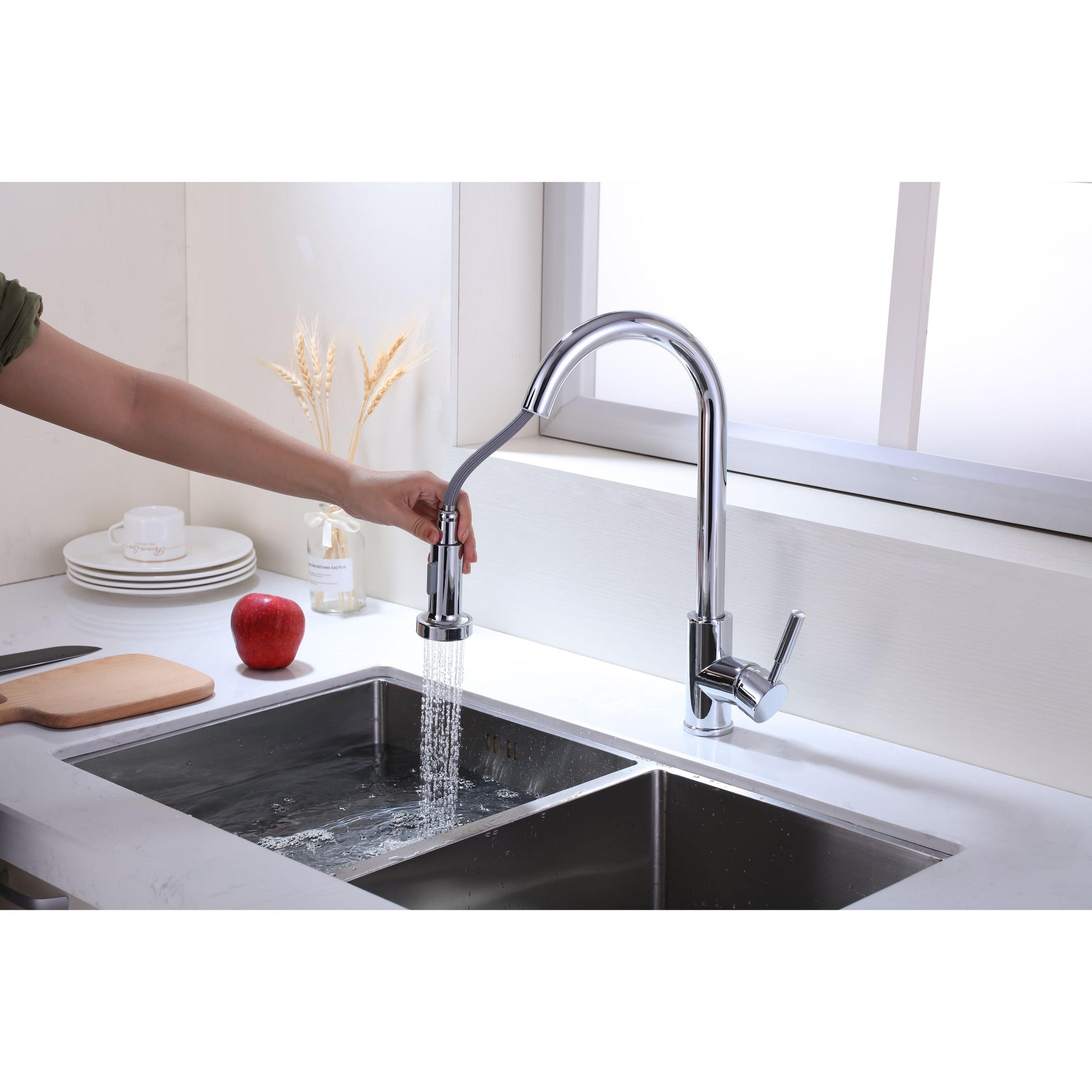 Vanity Art 8" W x 17" H Polished Chrome Stainless Steel Single Lever High Arc Kitchen Sink Faucet With Pull Down Sprayer