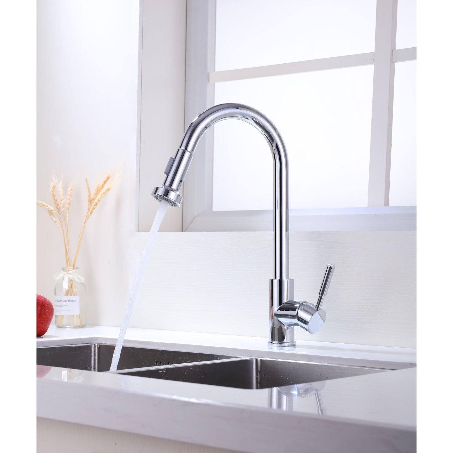 Vanity Art 8" W x 17" H Polished Chrome Stainless Steel Single Lever High Arc Kitchen Sink Faucet With Pull Down Sprayer