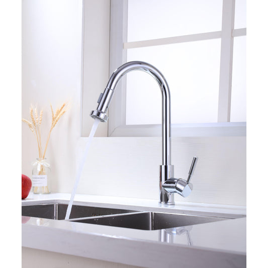 Vanity Art 8" W x 17" H Polished Chrome Stainless Steel Single Lever High Arc Kitchen Sink Faucet With Pull Down Sprayer
