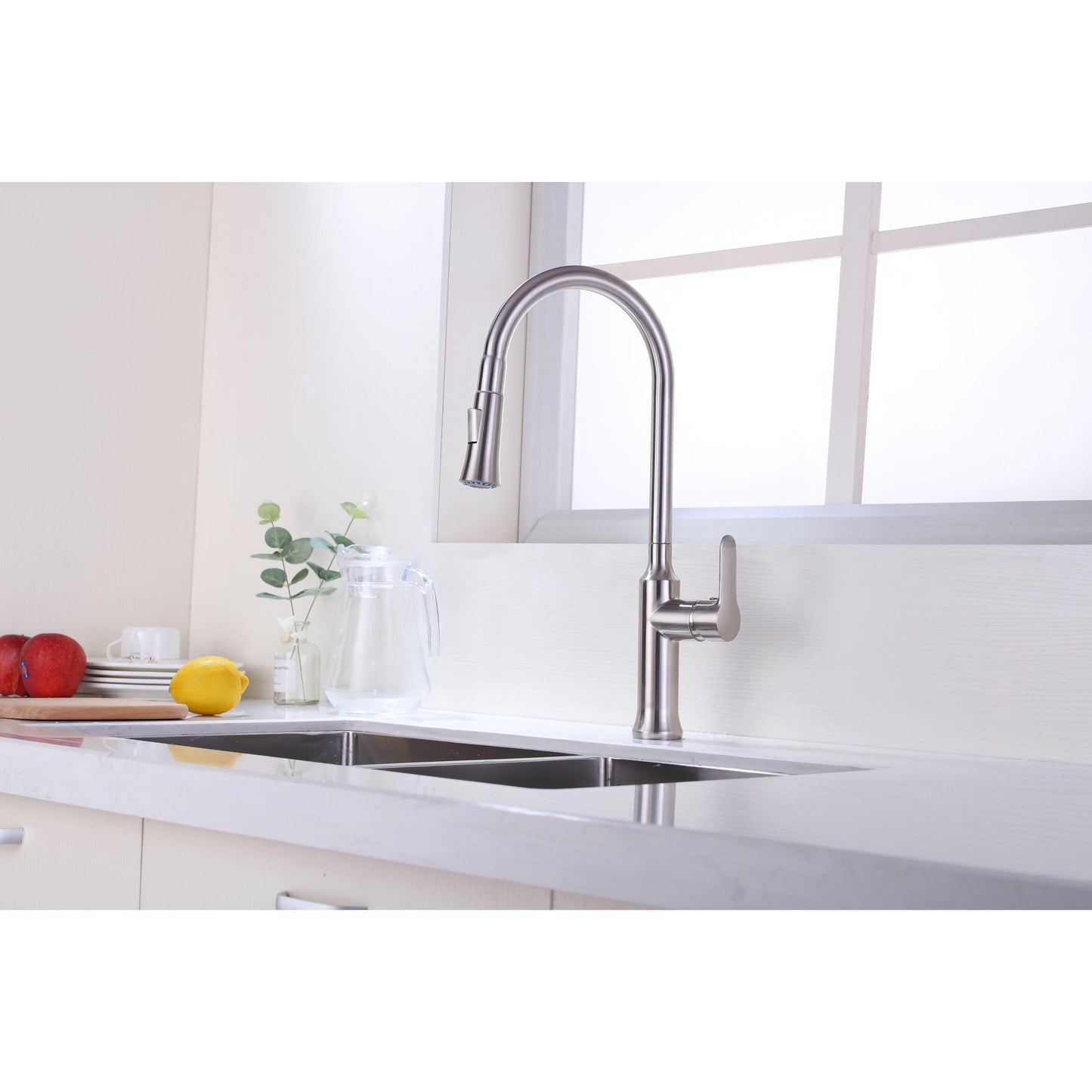 Vanity Art 8" W x 18" H Brushed Nickel Stainless Steel Single Lever Handle High Arc Kitchen Sink Faucet With Pull Down Sprayer