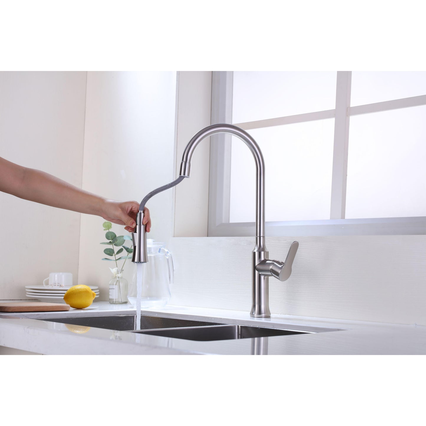 Vanity Art 8" W x 18" H Brushed Nickel Stainless Steel Single Lever Handle High Arc Kitchen Sink Faucet With Pull Down Sprayer