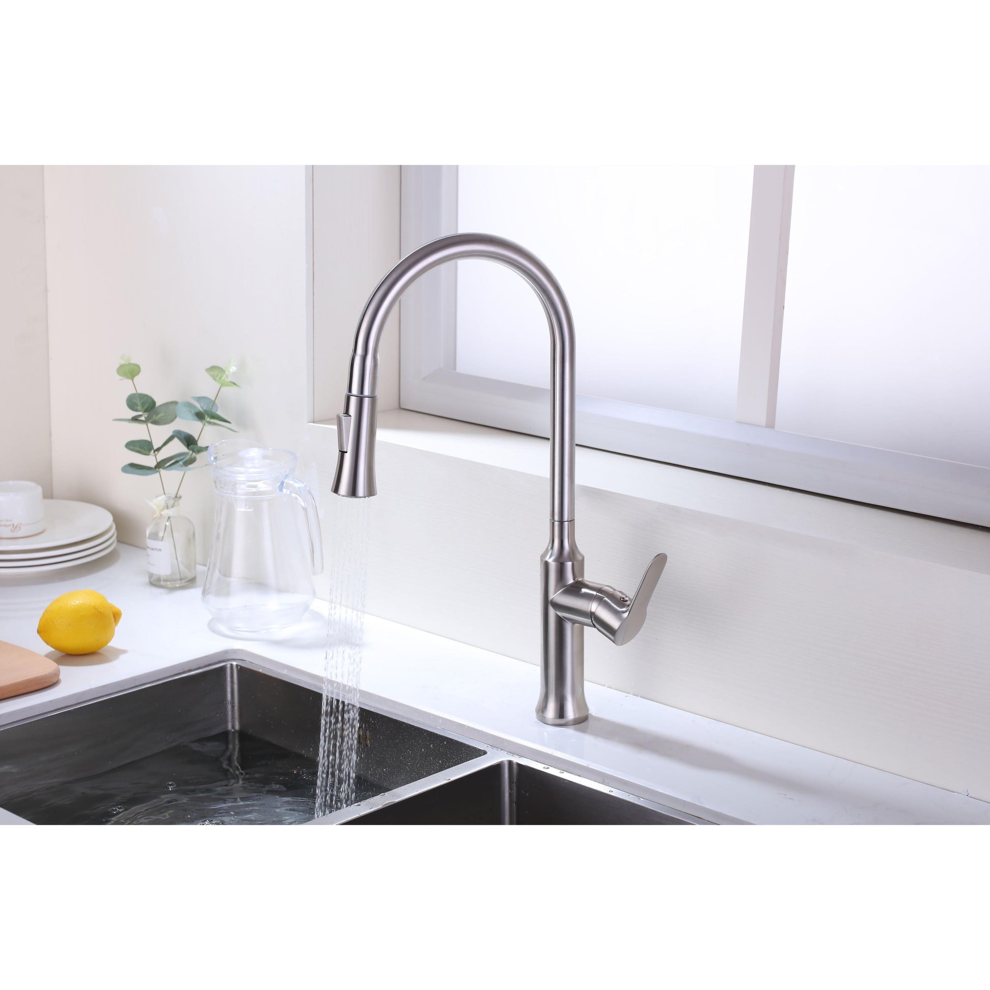 Vanity Art 8" W x 18" H Brushed Nickel Stainless Steel Single Lever Handle High Arc Kitchen Sink Faucet With Pull Down Sprayer