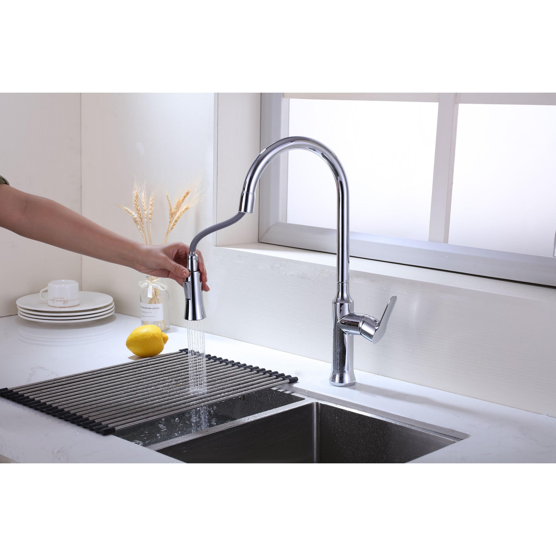Vanity Art 8" W x 18" H Polished Chrome Stainless Steel Single Lever Handle High Arc Kitchen Sink Faucet With Pull Down Sprayer