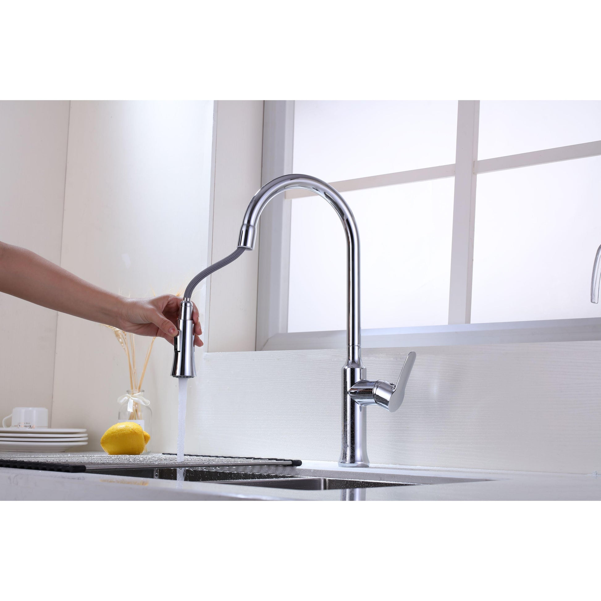 Vanity Art 8" W x 18" H Polished Chrome Stainless Steel Single Lever Handle High Arc Kitchen Sink Faucet With Pull Down Sprayer