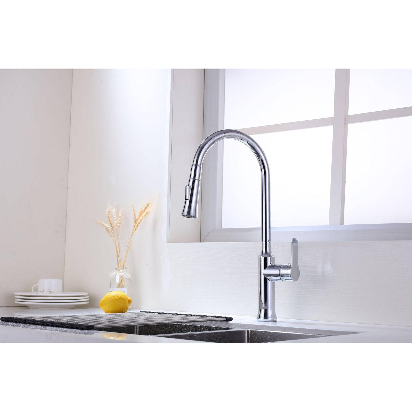 Vanity Art 8" W x 18" H Polished Chrome Stainless Steel Single Lever Handle High Arc Kitchen Sink Faucet With Pull Down Sprayer