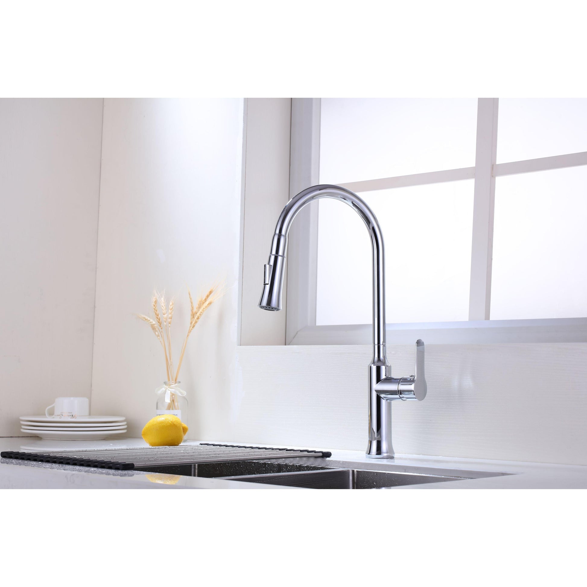 Vanity Art 8" W x 18" H Polished Chrome Stainless Steel Single Lever Handle High Arc Kitchen Sink Faucet With Pull Down Sprayer