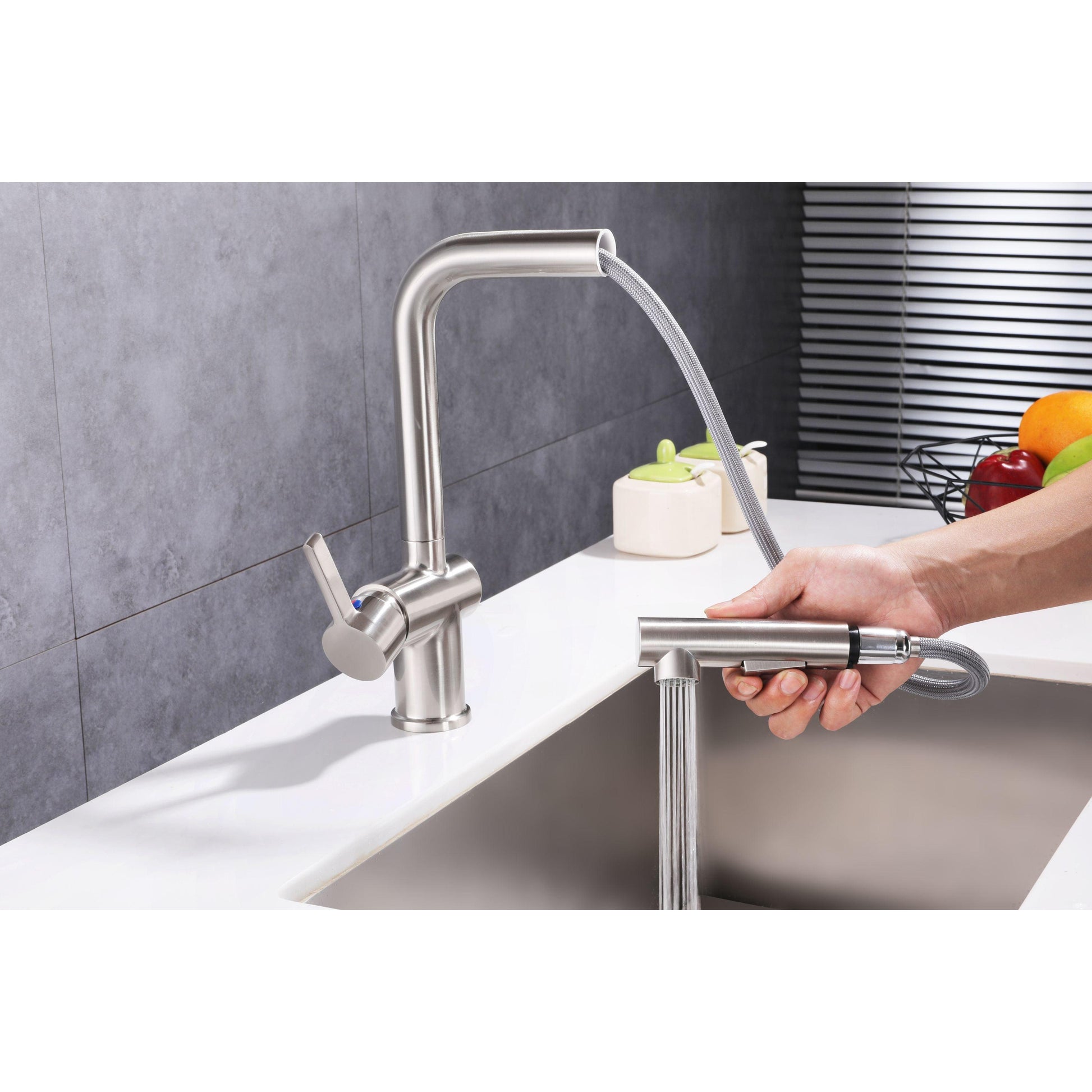 Vanity Art 9" W x 12" H Brushed Nickel Stainless Steel Single Lever Kitchen Sink Faucet With Pull Down Sprayer
