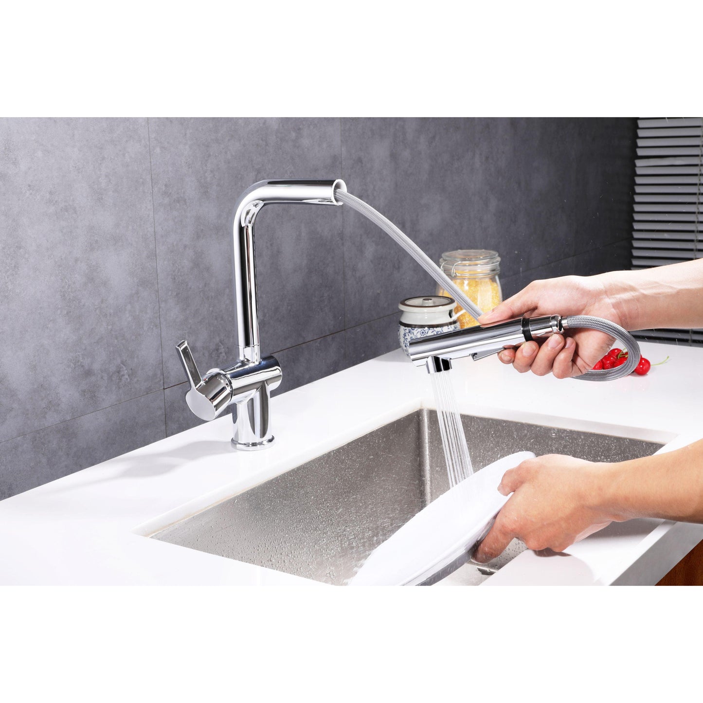 Vanity Art 9" W x 12" H Polished Chrome Stainless Steel Single Lever Kitchen Sink Faucet With Pull Down Sprayer