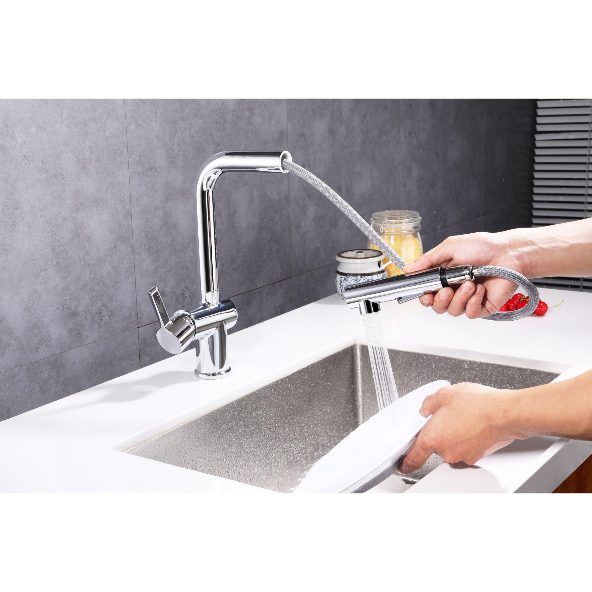 Vanity Art 9" W x 12" H Polished Chrome Stainless Steel Single Lever Kitchen Sink Faucet With Pull Down Sprayer