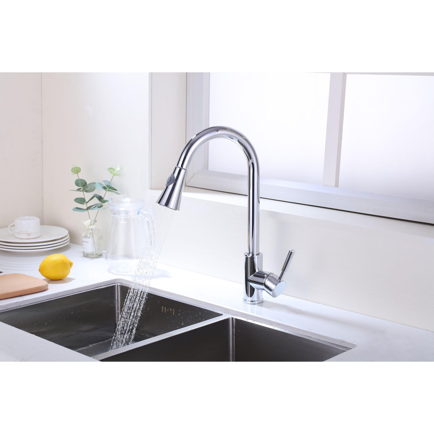 Vanity Art 9" W x 17" H Polished Chrome Stainless Steel Single Lever Kitchen Sink Faucet With Pull Down Sprayer