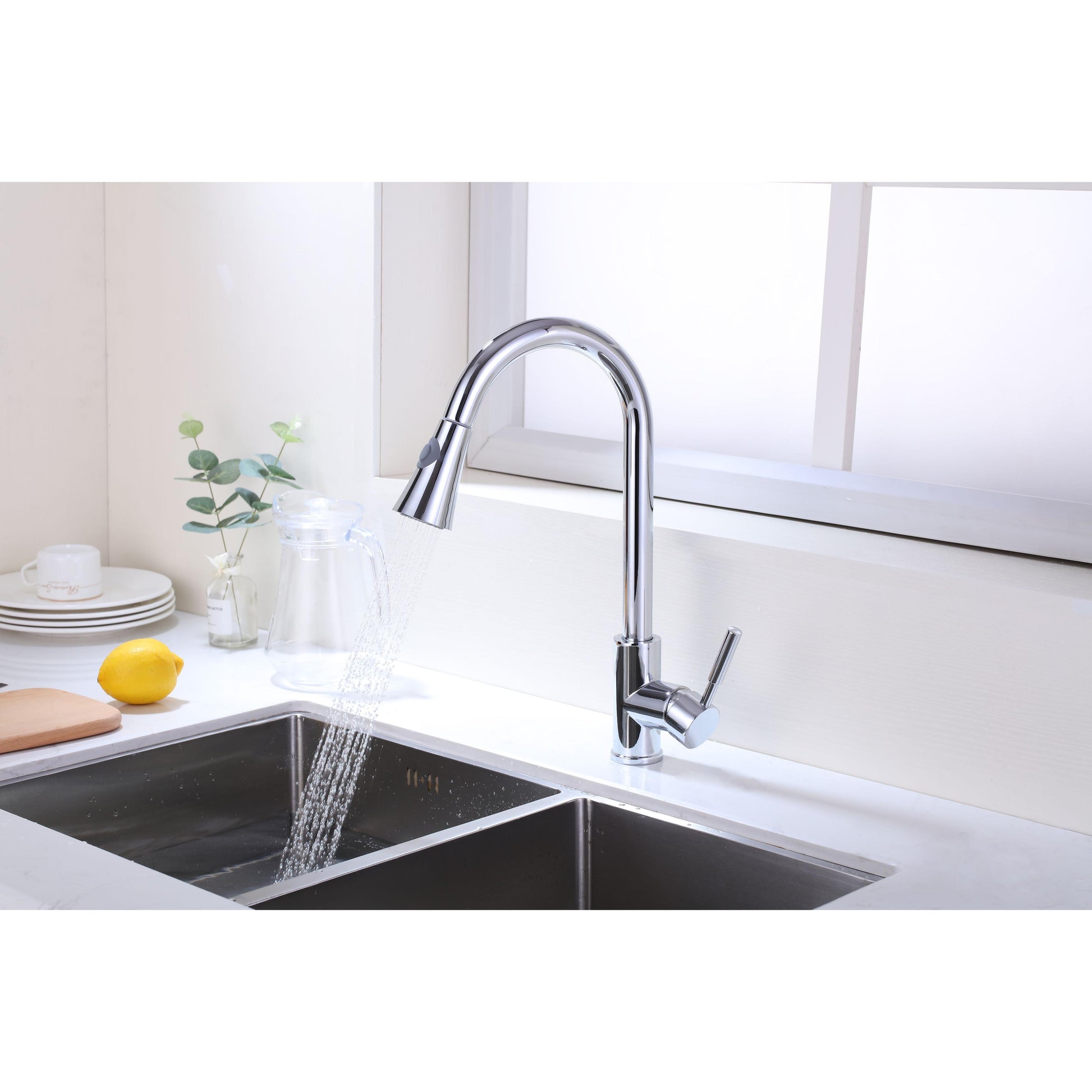 Vanity Art 9" W x 17" H Polished Chrome Stainless Steel Single Lever Kitchen Sink Faucet With Pull Down Sprayer