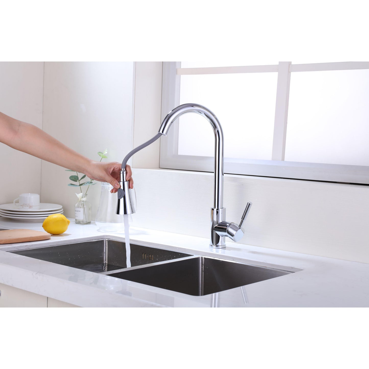 Vanity Art 9" W x 17" H Polished Chrome Stainless Steel Single Lever Kitchen Sink Faucet With Pull Down Sprayer