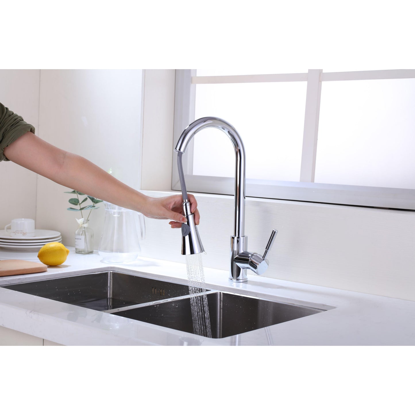 Vanity Art 9" W x 17" H Polished Chrome Stainless Steel Single Lever Kitchen Sink Faucet With Pull Down Sprayer