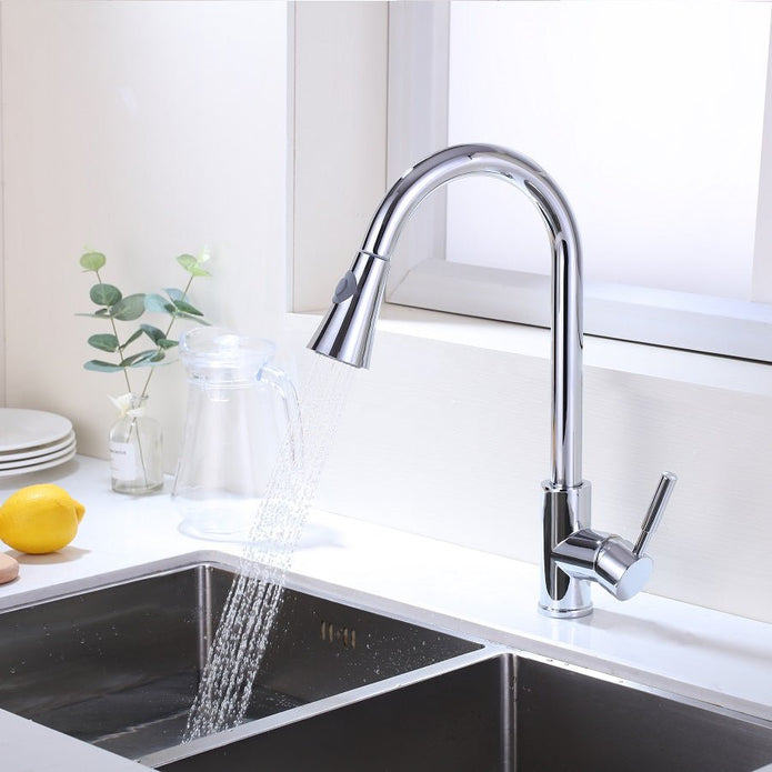 Vanity Art 9" W x 17" H Polished Chrome Stainless Steel Single Lever Kitchen Sink Faucet With Pull Down Sprayer