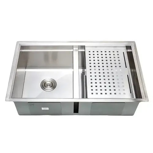 Wells Sinkware 3D Series 32" Rectangle Undermount Handcrafted Stainless Steel 50/50 Double Bowl Kitchen Sink With Stainless Steel Colander, Rubber Wood Cutting Board and Basket Strainer