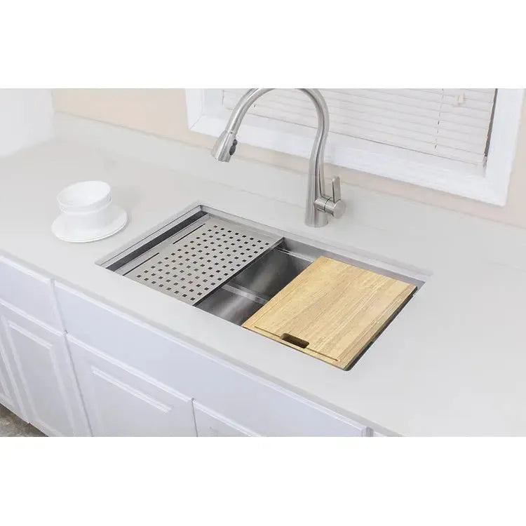 Wells Sinkware 3D Series 32" Rectangle Undermount Handcrafted Stainless Steel Single Bowl Kitchen Sink With Companion Stainless Steel Colander, Rolling Mat, Rubber Wood Cutting Board and Basket Strainer