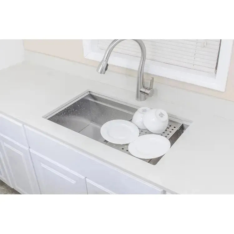 Wells Sinkware 3D Series 32" Rectangle Undermount Handcrafted Stainless Steel Single Bowl Kitchen Sink With Companion Stainless Steel Colander, Rolling Mat, Rubber Wood Cutting Board and Basket Strainer