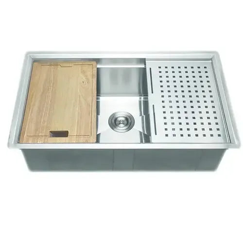 Wells Sinkware 3D Series 32" Rectangle Undermount Handcrafted Stainless Steel Single Bowl Kitchen Sink With Companion Stainless Steel Colander, Rolling Mat, Rubber Wood Cutting Board and Basket Strainer
