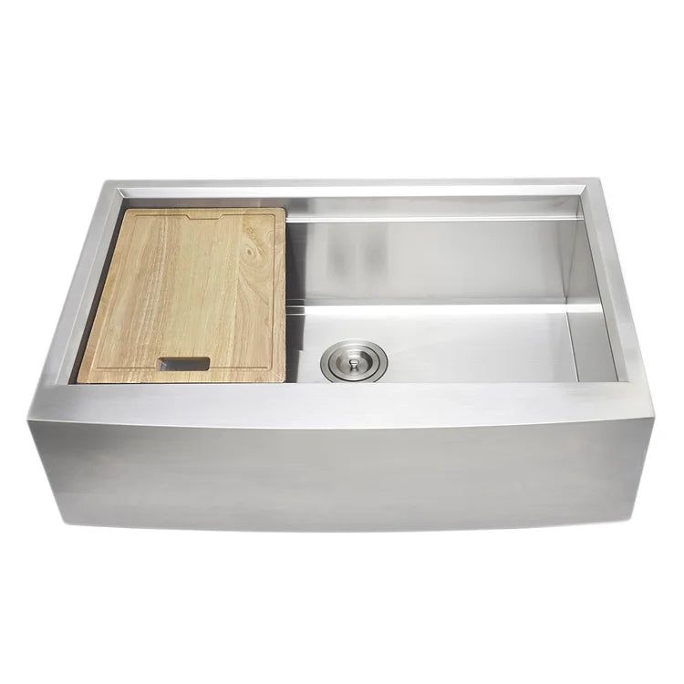 Wells Sinkware 3D Series 33" Rectangle Farmhouse Handcrafted Arched Apron Front Single Bowl Stainless Steel Kitchen Sink With Stainless Steel Colander, Rolling Mat, Rubber Wood Cutting Board and Basket Strainer