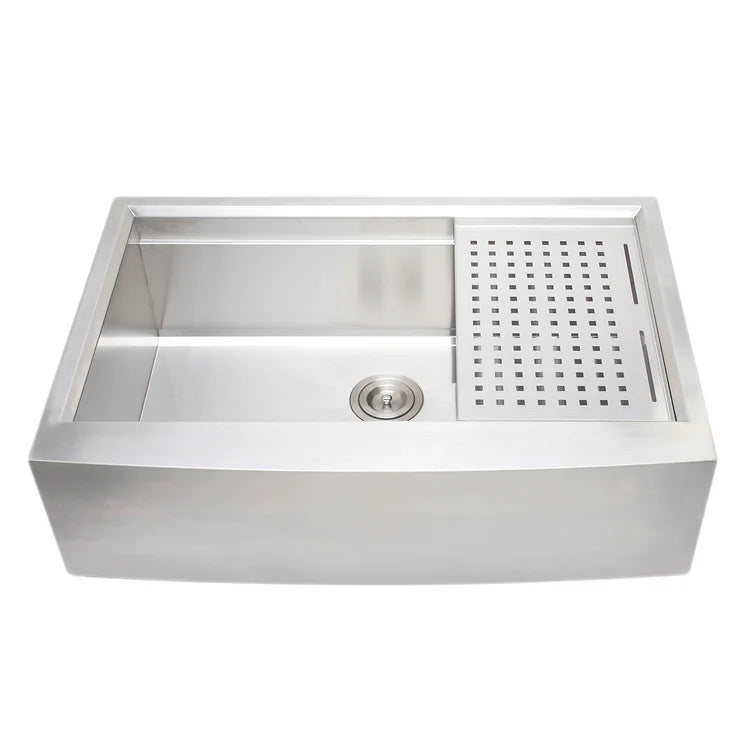 Wells Sinkware 3D Series 33" Rectangle Farmhouse Handcrafted Arched Apron Front Single Bowl Stainless Steel Kitchen Sink With Stainless Steel Colander, Rolling Mat, Rubber Wood Cutting Board and Basket Strainer