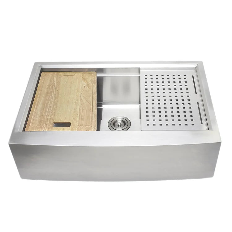 Wells Sinkware 3D Series 33" Rectangle Farmhouse Handcrafted Arched Apron Front Single Bowl Stainless Steel Kitchen Sink With Stainless Steel Colander, Rolling Mat, Rubber Wood Cutting Board and Basket Strainer