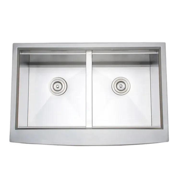 Wells Sinkware 3D Series 33" Rectangle Farmhouse Handcrafted Arched Apron Front Stainless Steel Equal Double Bowl Kitchen Sink With Stainless Steel Colander, Rubber Wood Cutting Board and Basket Strainer