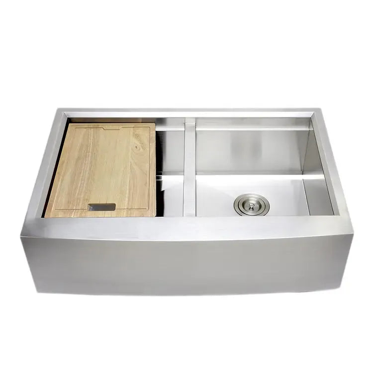 Wells Sinkware 3D Series 33" Rectangle Farmhouse Handcrafted Arched Apron Front Stainless Steel Equal Double Bowl Kitchen Sink With Stainless Steel Colander, Rubber Wood Cutting Board and Basket Strainer