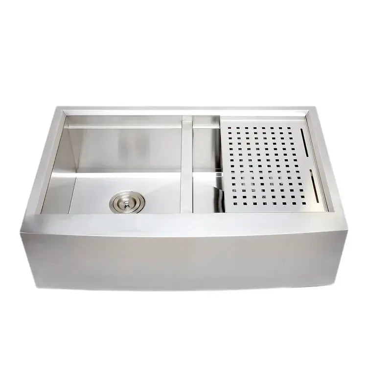 Wells Sinkware 3D Series 33" Rectangle Farmhouse Handcrafted Arched Apron Front Stainless Steel Equal Double Bowl Kitchen Sink With Stainless Steel Colander, Rubber Wood Cutting Board and Basket Strainer