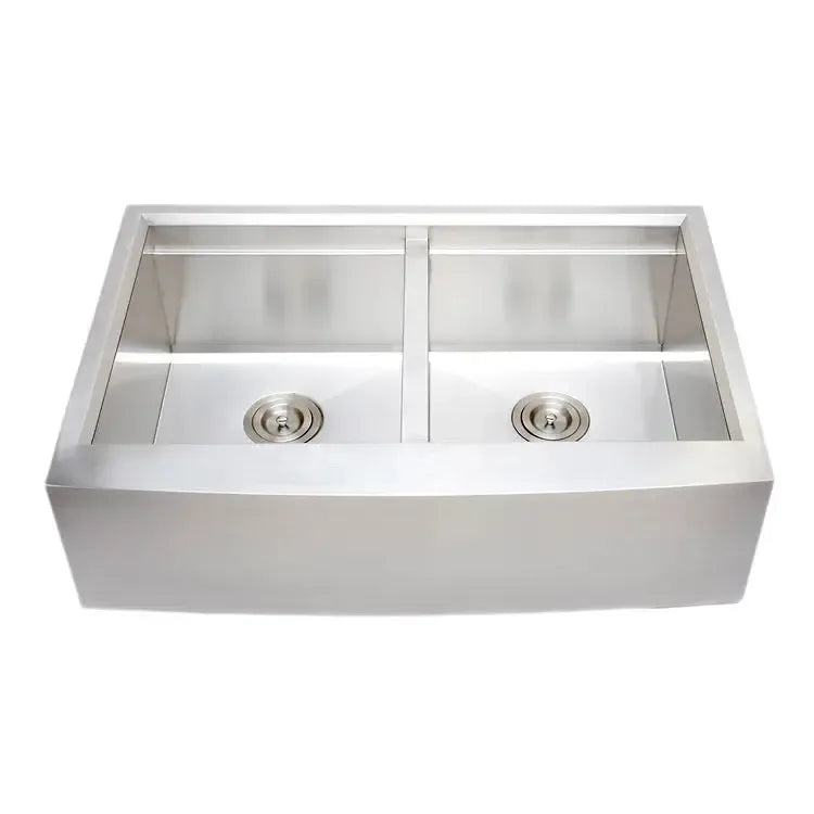 Wells Sinkware 3D Series 33" Rectangle Farmhouse Handcrafted Arched Apron Front Stainless Steel Equal Double Bowl Kitchen Sink With Stainless Steel Colander, Rubber Wood Cutting Board and Basket Strainer
