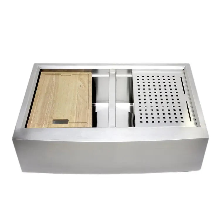 Wells Sinkware 3D Series 33" Rectangle Farmhouse Handcrafted Arched Apron Front Stainless Steel Equal Double Bowl Kitchen Sink With Stainless Steel Colander, Rubber Wood Cutting Board and Basket Strainer