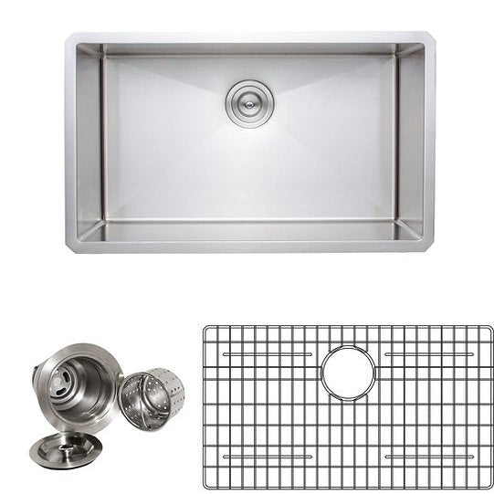 Wells Sinkware New Chef's 30" Rectangle Undermount Handcrafted 16-Gauge Single Bowl Stainless Steel Kitchen Sink With 1 Bottom Protection Grid Rack and 1 Deep Basket Strainer