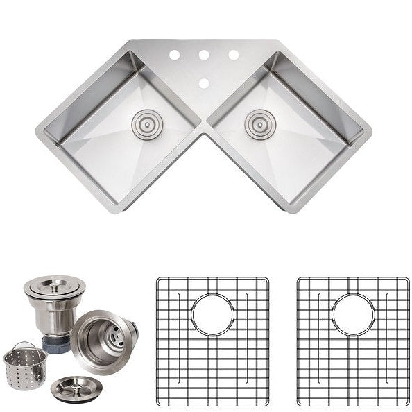 Wells Sinkware New Chef's 32" Specialty Undermount Handcrafted 16-Gauge Butterfly Equal Double Bowl Stainless Steel Kitchen Sink With 4 Faucet Holes, 2 Bottom Protection Grid Racks and 2 Deep Basket Strainers