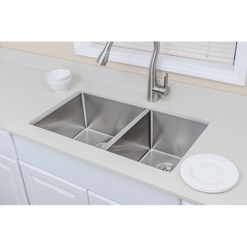 Wells Sinkware New Chef's 33" Rectangle Undermount Handcrafted 6-Gauge Stainless Steel 60/40 Double Bowl Kitchen Sink With 2 Bottom Protection Grid Racks and 2 Deep Basket Strainers