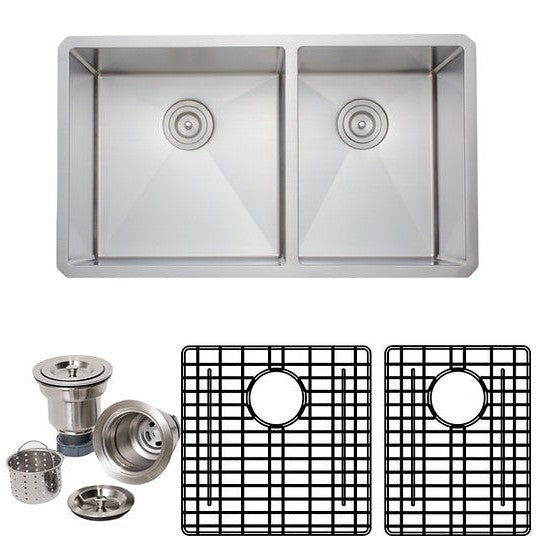 Wells Sinkware New Chef's 33" Rectangle Undermount Handcrafted 6-Gauge Stainless Steel 60/40 Double Bowl Kitchen Sink With 2 Bottom Protection Grid Racks and 2 Deep Basket Strainers