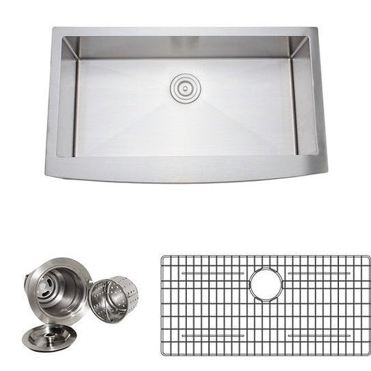 Wells Sinkware New Chef's 36" Rectangle Farmhouse Handcrafted 16-Gauge Arched Apron Front Single Bowl Stainless Steel Kitchen Sink With 1 Bottom Protection Grid Rack and 1 Deep Basket Strainer